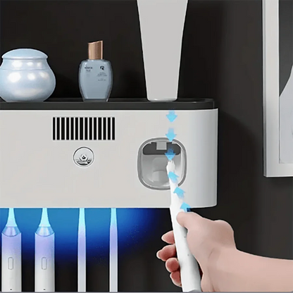 Wall-Mounted Smart Toothbrush Holder – 5-Slot Toothbrush Sterilizer with Integrated Toothpaste Dispenser, Bathroom Storage Rack & Organizer