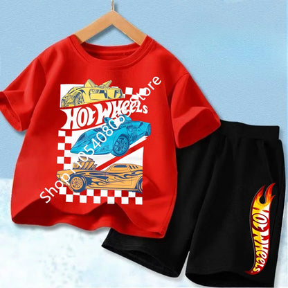 Conjunto de camiseta y pantalón corto de coche de carreras para niños, mezcla de algodón, atuendo de verano para niños y niñas