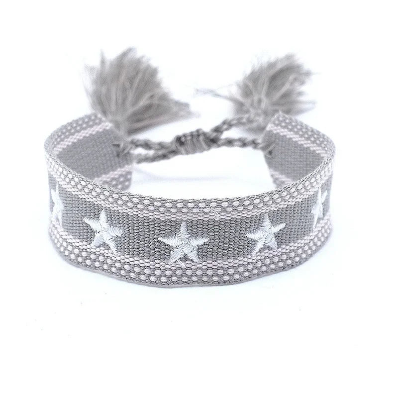 Pulsera de estrella bordada bohemia – Correa de muñeca tejida a mano con borlas para mujer | Regalo de joyería de moda étnica