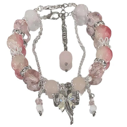 Brazalete coreano de mariposa con flor de cristal rosa – Pulsera dulce de cadena con cuentas y dije colgante para mujer, regalo de joyería de moda