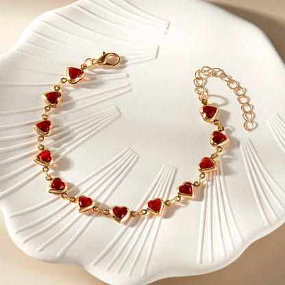 Elegante Pulsera de Zirconia de Cristal Rojo – Pulsera de Cadena Metálica con Corazón Colorido para Mujer, Boda, Fiesta y Joyería de Regalo