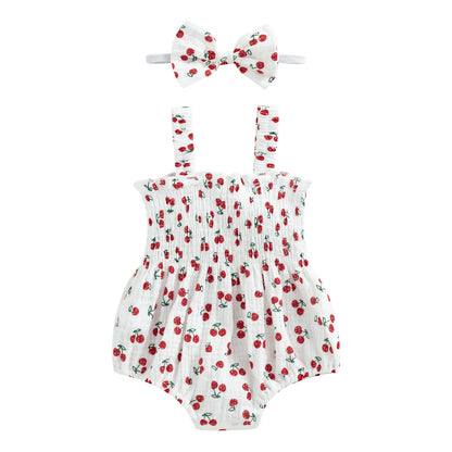 Pudcoco Conjunto de verano de 2 piezas para bebé niña, pelele estampado sin mangas con diadema, 0-18 meses