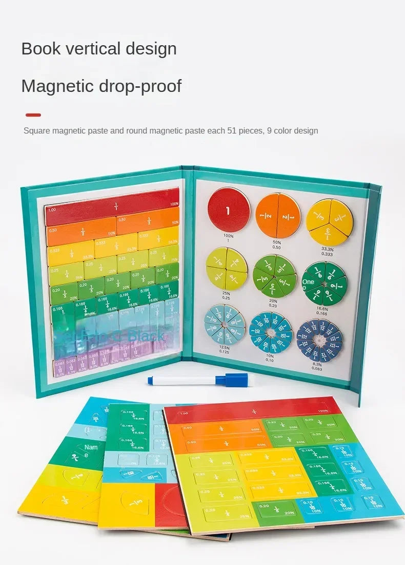 Livre d'apprentissage des fractions magnétiques Montessori – Jouet éducatif en bois pour enfants, compétences en arithmétique