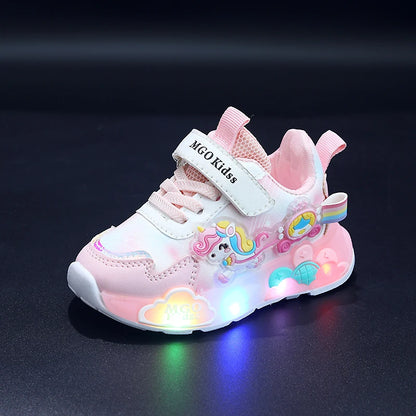 Girls' Light-Up Rainbow Pony Shoes – Soft-Sole Sports Sneakers with Flashing LED Lights for Spring & Autumn, Running & Casual Wear, Ages 1-6