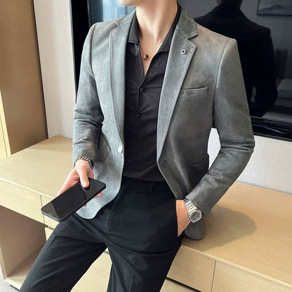 Blazer de terciopelo ajustado para hombre – Chaqueta de traje de lujo de piel de ciervo, abrigo elegante para negocios, casual, bodas, con tallas grandes