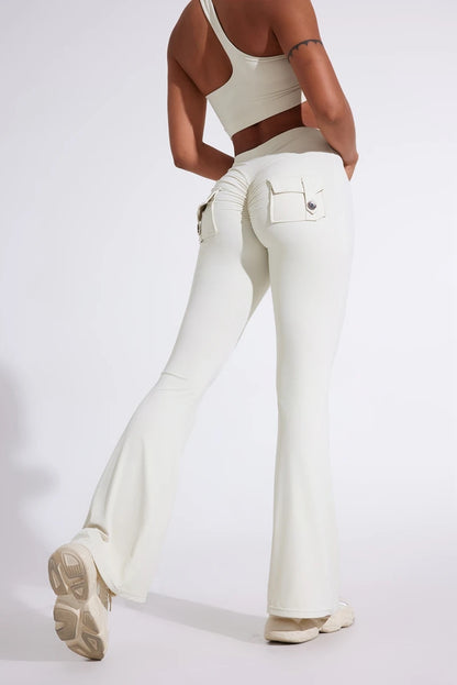 DIAS FIT JOY Pantalon de yoga évasé taille haute pour femme – Legging patte d'éléphant push-up avec poches, pantalon d'entraînement à séchage rapide pour la course, la gym, le fitness et l'exercice
