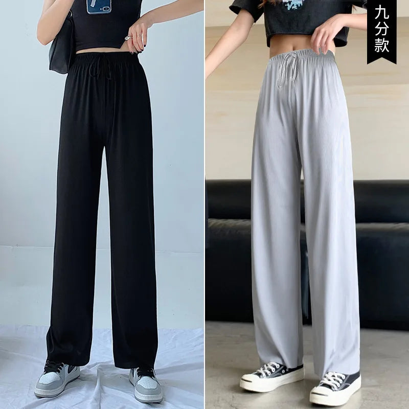 Plus Size Women's Ice Silk Wide-Leg Pants – High-Waist Lightweight Casual Trousers for Summer Sports & Everyday Wear