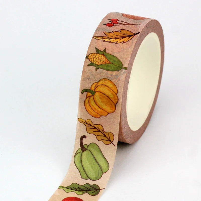 1PC 10M Fall Washi Tape – Pumpkin, Maple Leaves, Corn, Turkey & Sunflower Decorative Masking Tape for Scrapbooking, Planners & Stationery