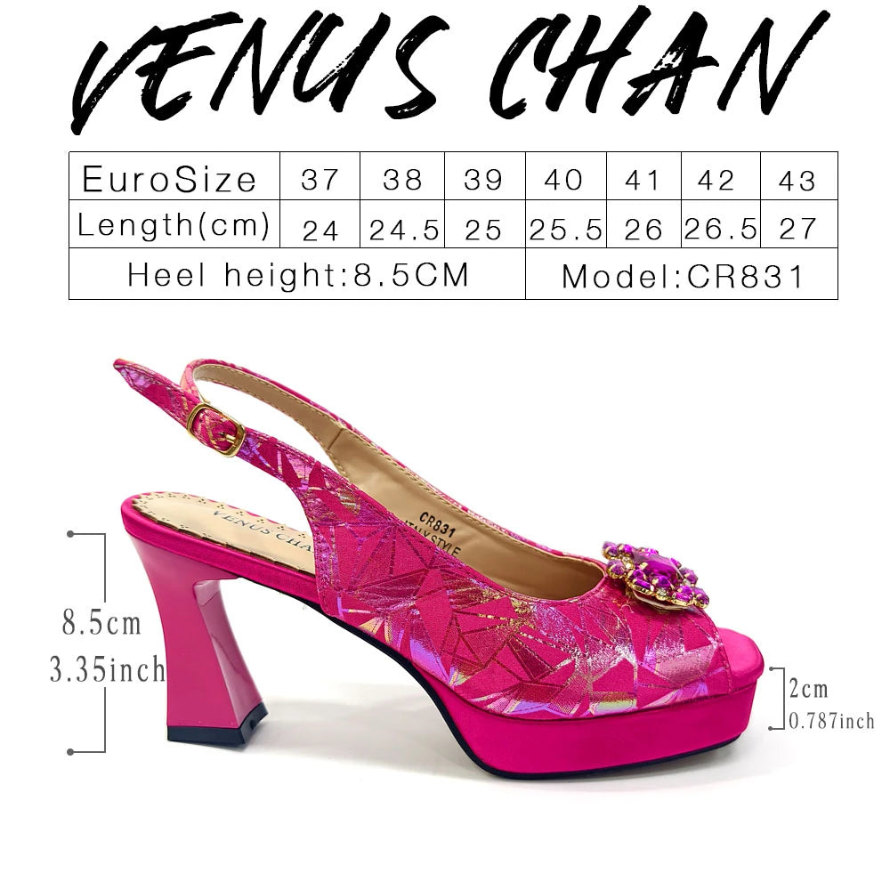 Elegant Women’s Fuchsia Peep Toe Heels & Matching Bag Set – Rhinestone Italian-Style Sandals for Parties, Weddings & Special Occasions