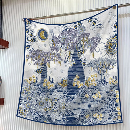 Foulard carré en soie 90 cm pour femme, motif floral, sergé de luxe, bandana, châle, hijab, cache-col, écharpe de tête