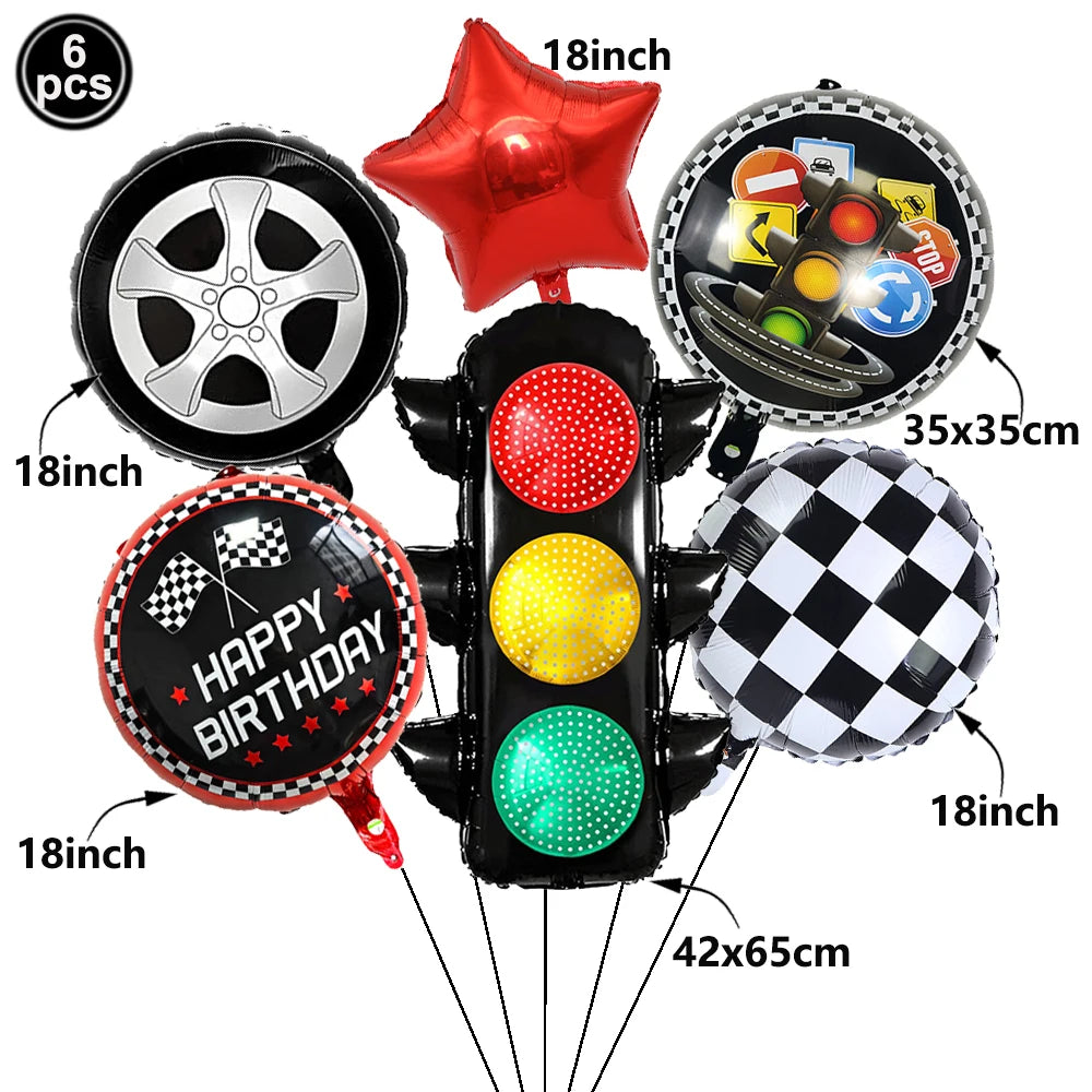 Racing Car Birthday Party Decorations – Race Car, Tire Wheel, Traffic Cone & Checkered Balloons for Kids' Racing-Themed Parties