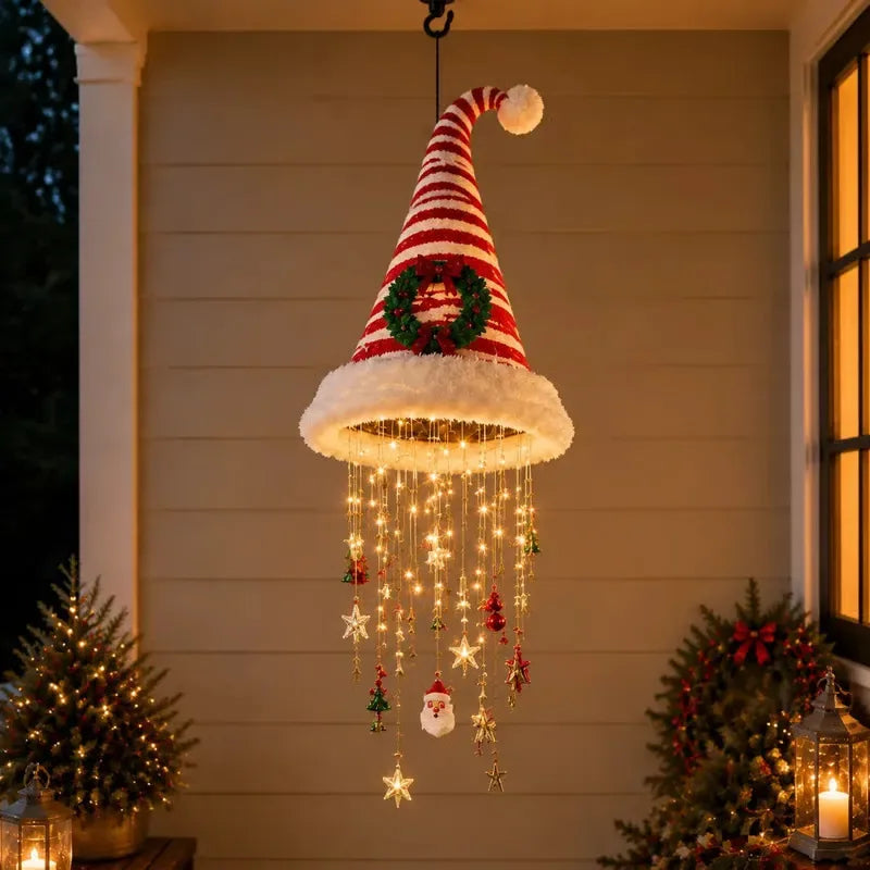 Lighted Santa Hat Hanging Chandelier – Warm LED Christmas String Lights with Festive Ornaments, 3 Styles for Holiday Decor