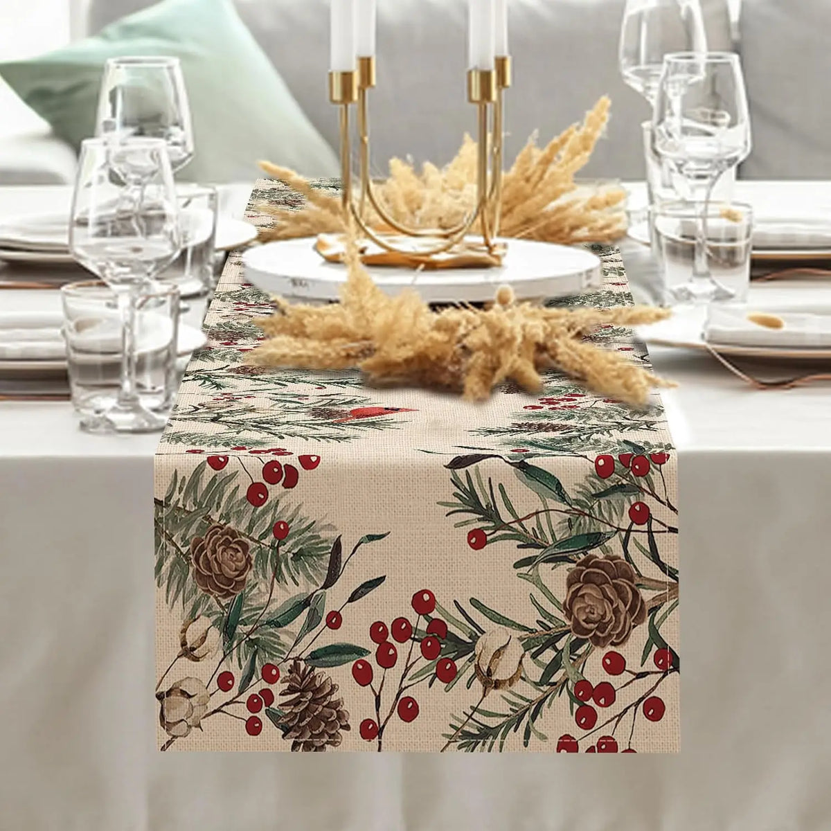 Christmas Pine Needle Linen Table Runner – Red Cardinal Bird & Winter Branch Design for Farmhouse Kitchen, Dining Table & Holiday Decor