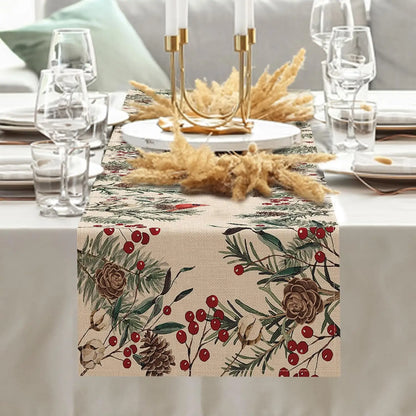 Christmas Pine Needle Linen Table Runner – Red Cardinal Bird & Winter Branch Design for Farmhouse Kitchen, Dining Table & Holiday Decor