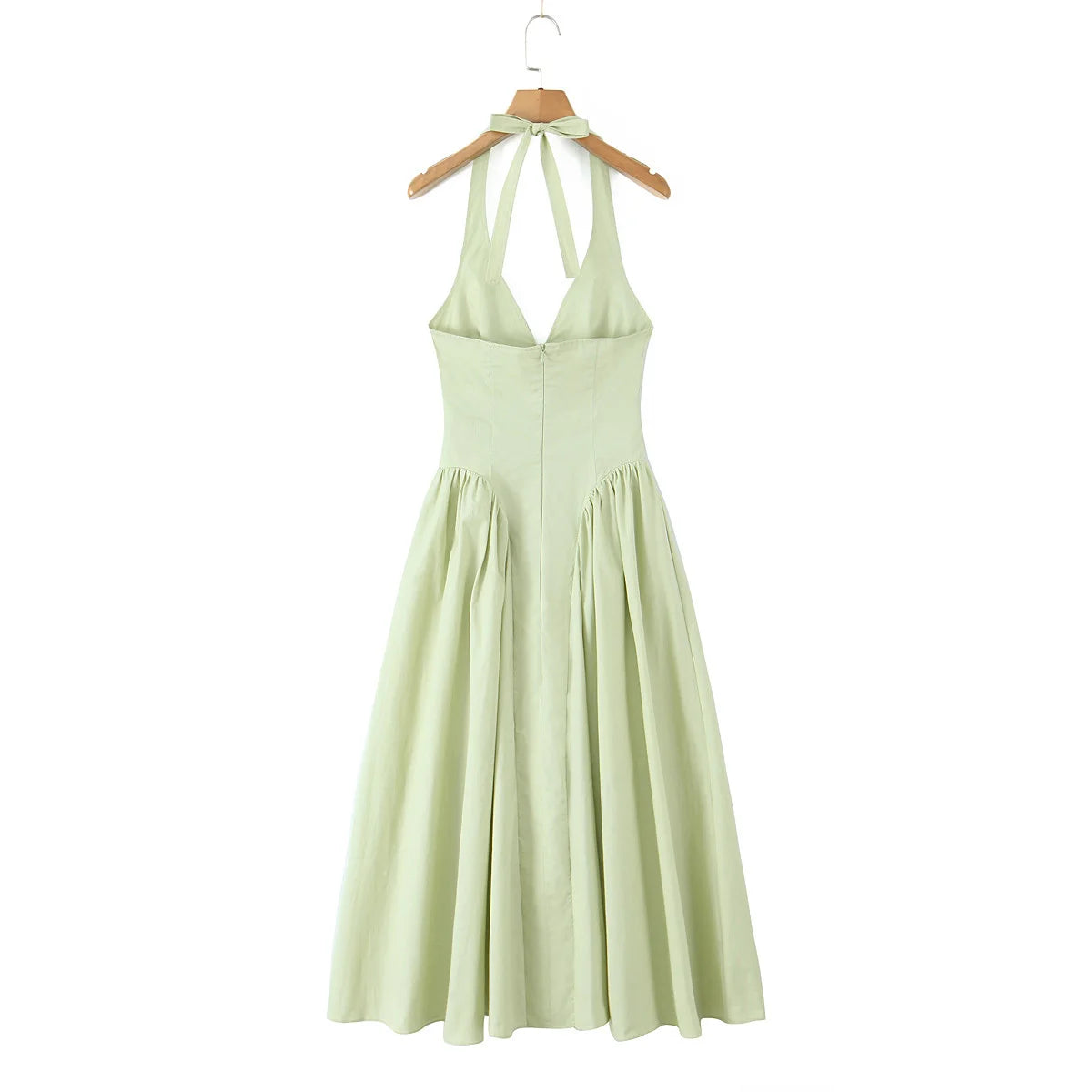 YENKYE Women’s Sexy Backless Green Halter Midi Dress Elegant Low Waist A-Line Cotton Summer Evening Party Robe