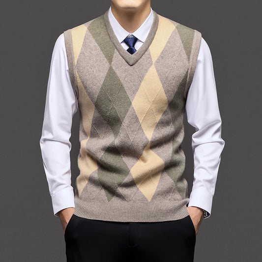 Men’s Autumn Winter Argyle Knit Vest – V-Neck Sleeveless Sweater, Smart Casual Warm Pullover for Slim-Fit Fashion & Everyday Wear