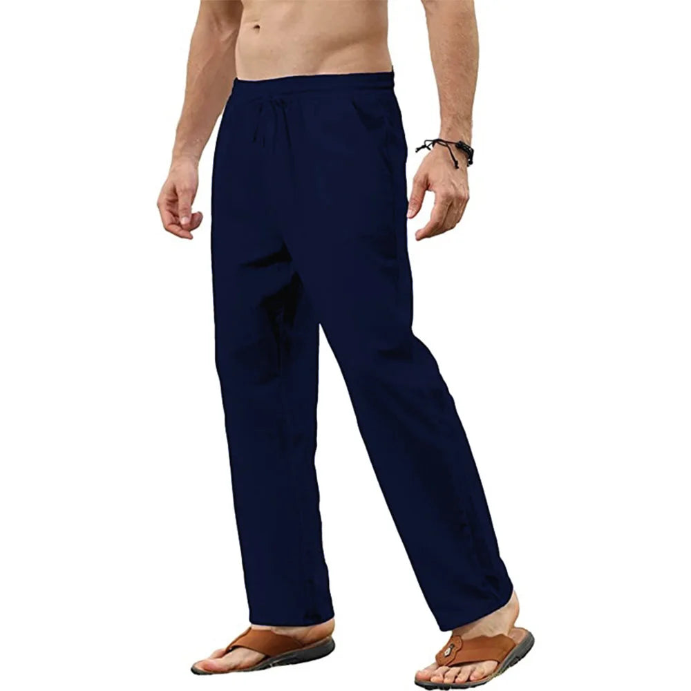 Men's Cotton Linen Drawstring Pants – Breathable Loose Fit Casual Jogger Trousers for Yoga, Beach & Everyday Wear