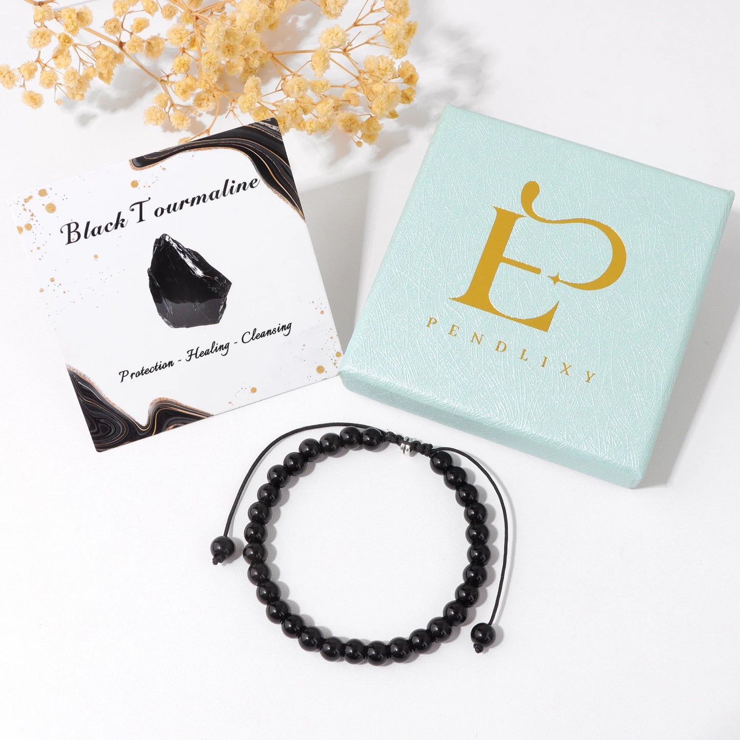 Bracelet perles de tourmaline noire naturelle – Bracelet ajustable tressé en corde avec carte cadeau pour hommes et femmes