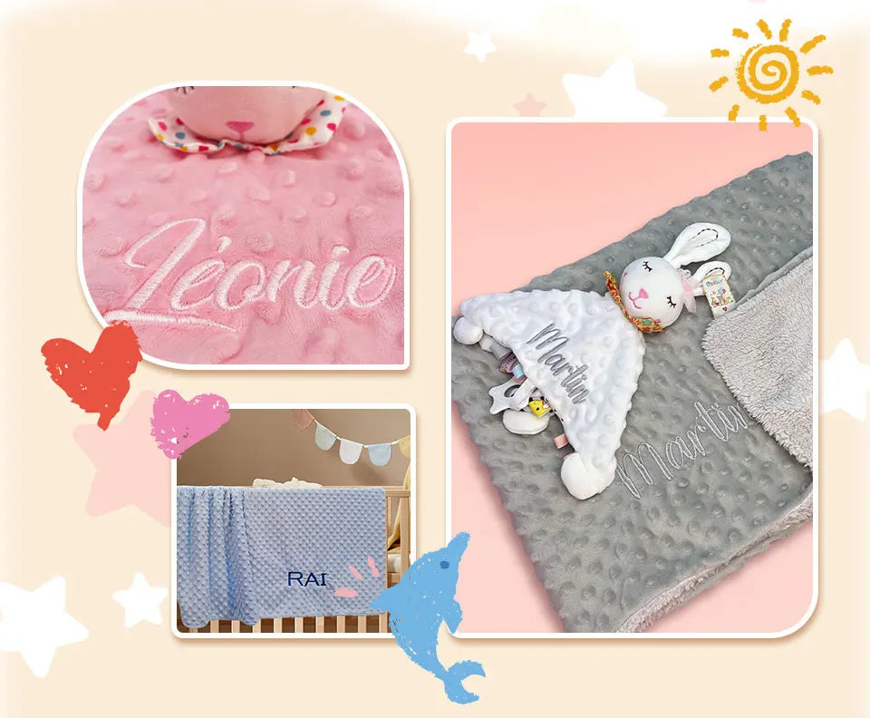 Couverture et doudou personnalisés avec prénom de bébé – Ensemble doux en minky à pois, 2-en-1, cadeau de naissance personnalisé pour garçons et filles