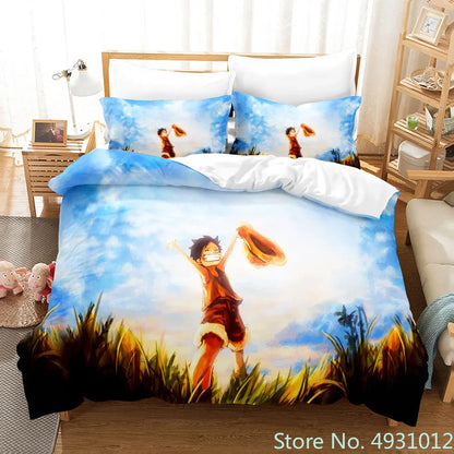 One Piece Luffy 3-Piece Bedding Set – 3D Cartoon Anime Duvet Cover & Pillowcase Set for Kids, Boys, Teens & Adults