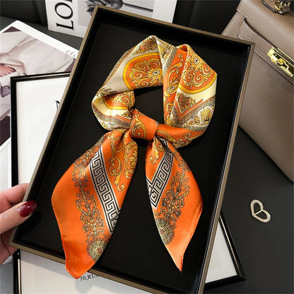 70x70CM Foulard en soie imprimé pour femme – Châle Pashmina carré tendance, tour de cou de luxe, bandeau et bandana décoratif