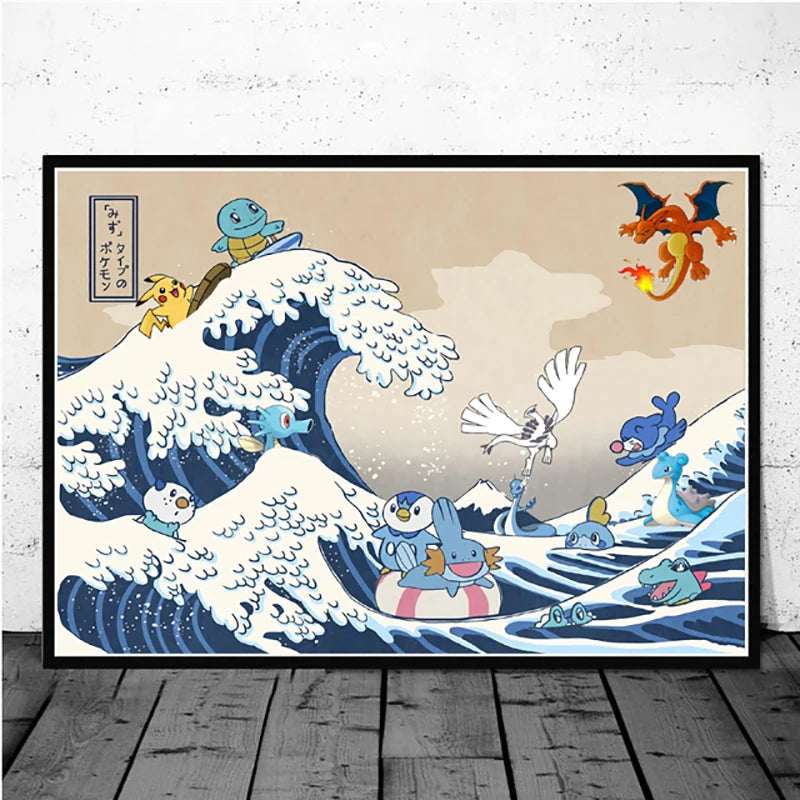 Pokémon Pikachu Great Wave of Kanagawa Canvas Wall Art – Anime Comic Poster Home Decor