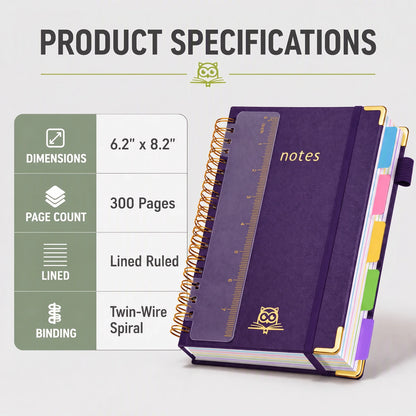 A5 Hardcover Spiral Notebook – 300 Pages 5-Subject Journal with Dividers & Tabs, 6.2×8.2" Notebook for Work & Study