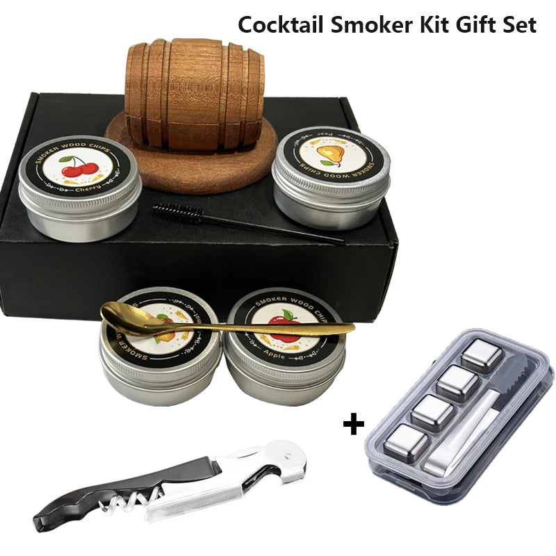 Cocktail Smoker Kit with Apple, Cherry, Oak & Pecan Wood Chips – Whiskey Drink Smoker with Wooden Smoking Hood for Bar & Kitchen