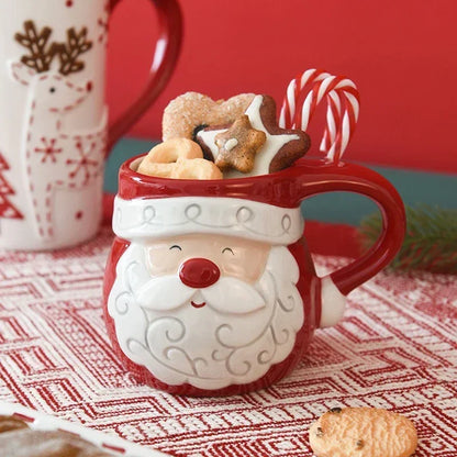 Christmas Santa Claus Ceramic Mug – Embossed Reindeer Coffee & Milk Cup for Breakfast, Kids’ Xmas Gift & Holiday Home Drinkware