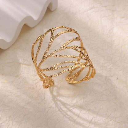 Stainless Steel Open Flower & Leaf Bangle Bracelet – Gold Geometric Cuff Bracelet for Women & Men | Minimalist Fashion Jewelry