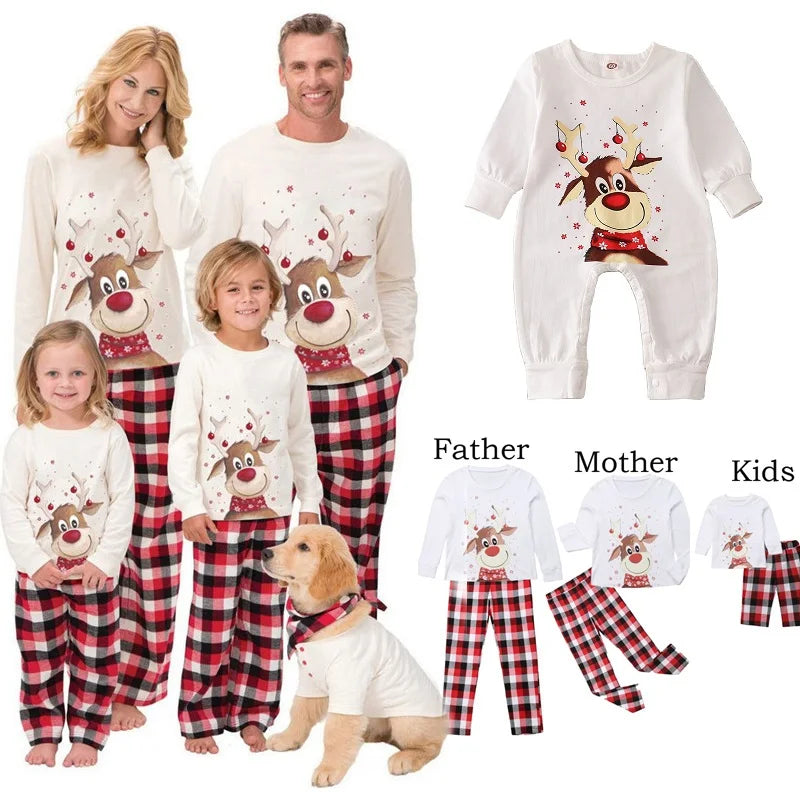 Family Matching Christmas Pajamas Set – Deer Print Tops & Pants Xmas Sleepwear for Mother & Kids, Baby Romper & Pet Dog Clothes