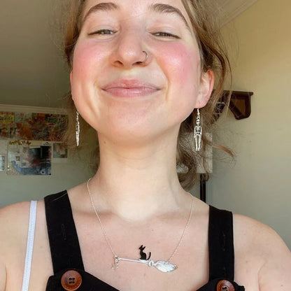 Funny Cat Riding Broom Necklace for Women – Creative Personalized Pendant Choker Chain, Halloween Jewelry & Friend Gift Accessory