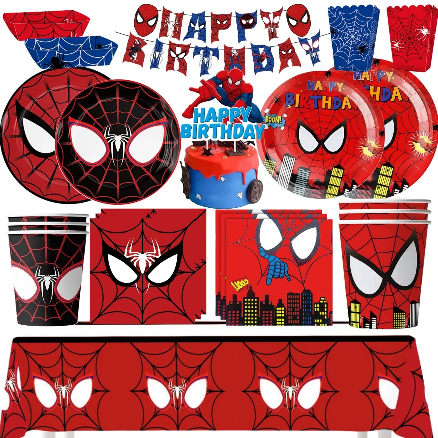 Spider Hero Birthday Party Supplies Set – Kids' Party Tableware Kit with Plates, Cups, Tablecloth, Backdrop, Balloons & Decorations