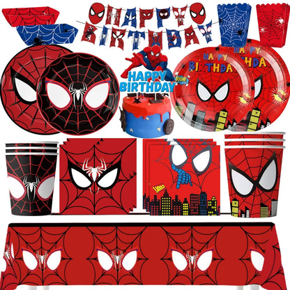 Spider Hero Birthday Party Supplies Set – Kids' Party Tableware Kit with Plates, Cups, Tablecloth, Backdrop, Balloons & Decorations