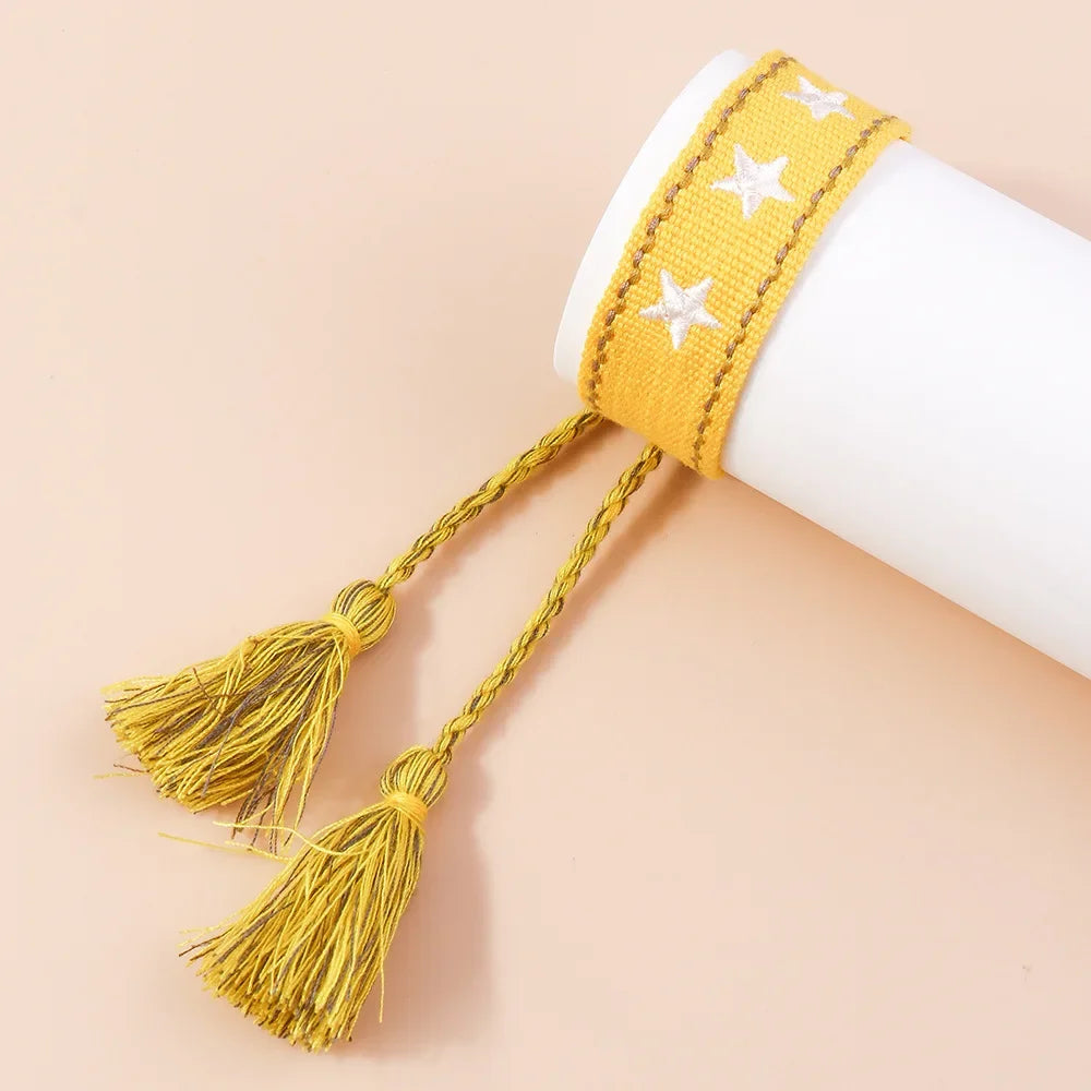 Pulsera de estrella bordada bohemia – Correa de muñeca tejida a mano con borlas para mujer | Regalo de joyería de moda étnica