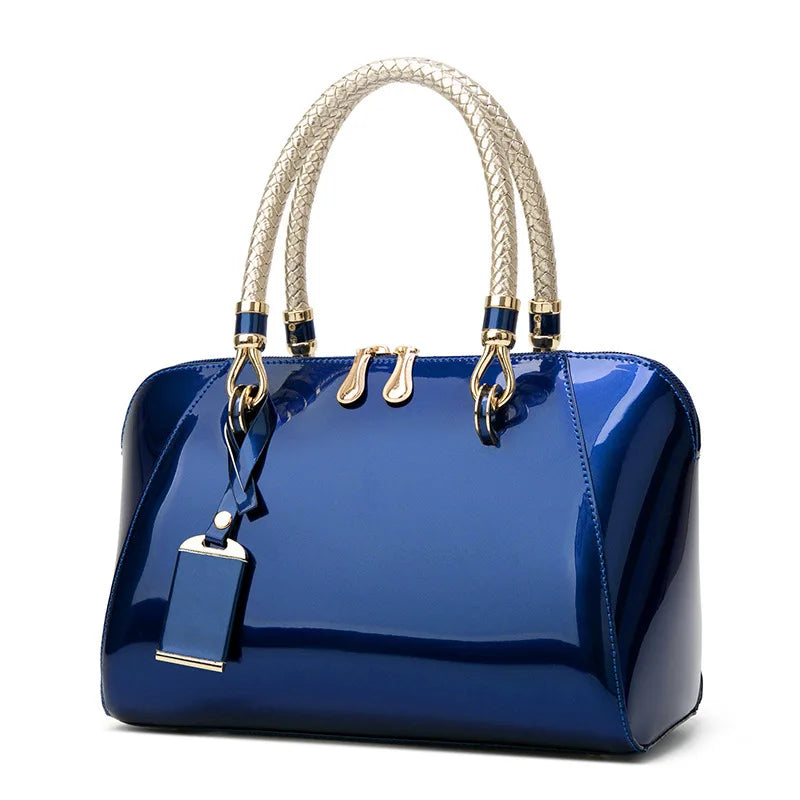 Women's Luxury Shiny Leather Boston Bag – Elegant Top-Handle Handbag in Blue, Red, Black, Beige & Pink, Fashion Shoulder Purse