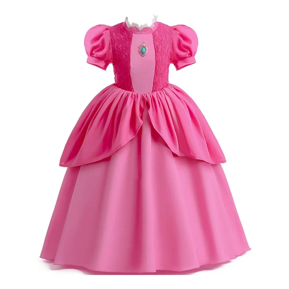 Princess Peach Cosplay Dress – Bubble Sleeve Princess Costume for Kids, Summer Halloween & Christmas Party Outfit