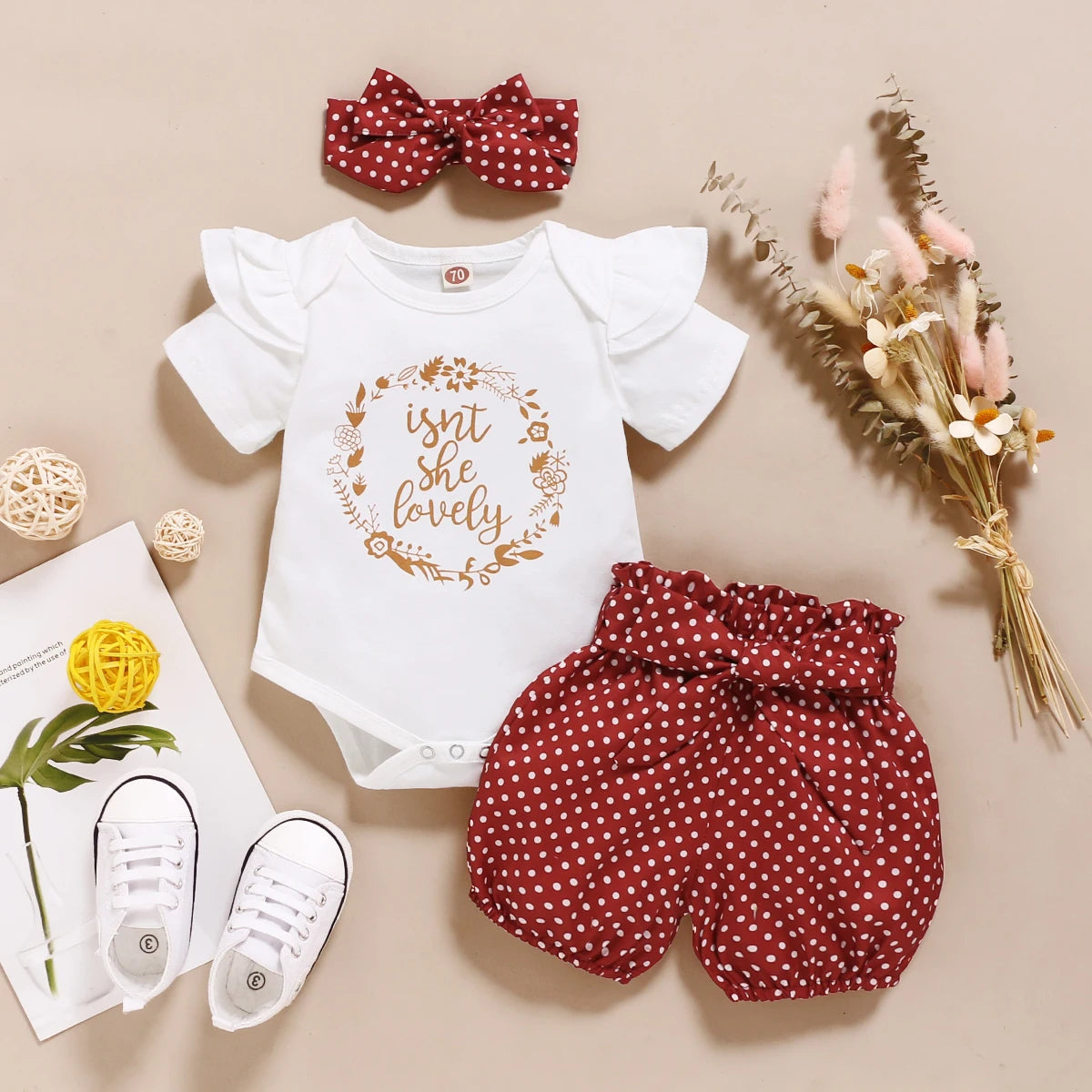 Baby Girl 3PCS Summer Outfit Set – Short Sleeve Bodysuit, Polka Dot Shorts & Headband for Infants
