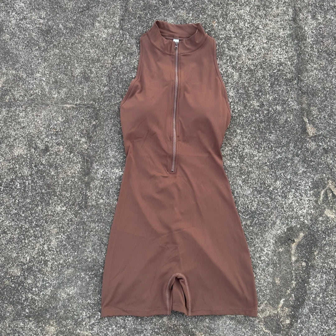 Women’s Scrunch Back Yoga Jumpsuit Shorts Set – Solid Color Zipper Gym Fitness One-Piece Sportswear