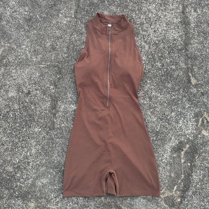 Women’s Scrunch Back Yoga Jumpsuit Shorts Set – Solid Color Zipper Gym Fitness One-Piece Sportswear