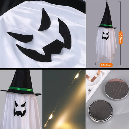 LED Flying Witch Hat Halloween Decorations – Hanging Ghost Lights & Glowing Wizard Lamp for Bar, Party, Dress-Up & Spooky Decor