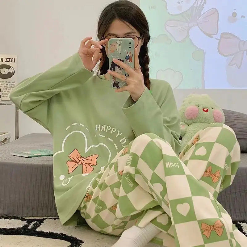 Women's Spring & Fall Pajama Set – Cute Cartoon Long-Sleeve Lightweight Sleepwear for Girls, Students & Homewear