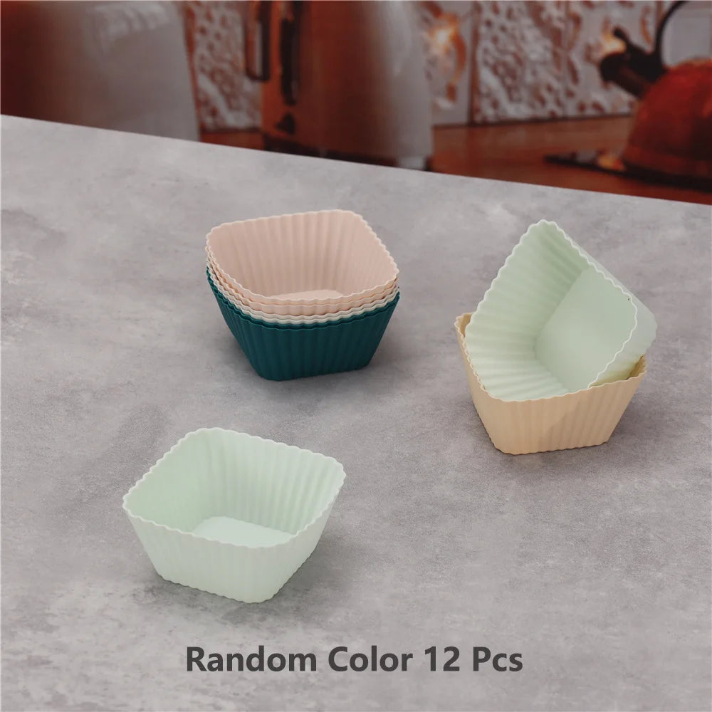 12PCS Reusable Silicone Cupcake Baking Cups – Non-Stick Muffin & Pancake Liners, Flexible Baking Molds in Assorted Random Colors