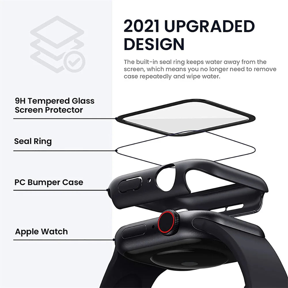 Funda con protector de pantalla de cristal templado para Apple Watch Series 10, 9, 8, 7, 6, SE y 5 (38 mm-46 mm) – Cubierta protectora completa 2 en 1