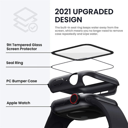 Funda con protector de pantalla de cristal templado para Apple Watch Series 10, 9, 8, 7, 6, SE y 5 (38 mm-46 mm) – Cubierta protectora completa 2 en 1