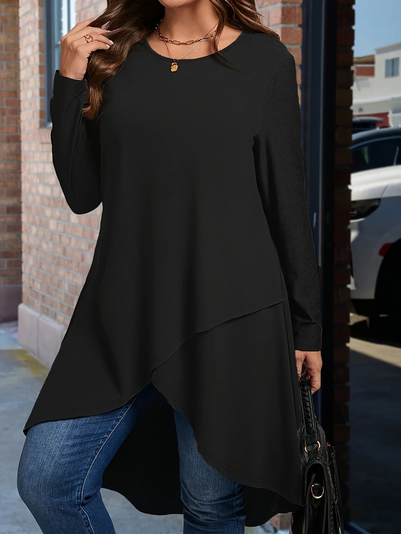 Plus Size Women's Asymmetrical Hem Long Sleeve Top – Elegant Round Neck Solid Color Casual Pullover Shirt
