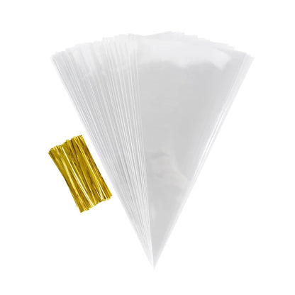 50 bolsas de celofán transparentes con forma de cono – Bolsas de plástico transparentes para palomitas, dulces, baby shower, regalos de boda y empaques de regalo