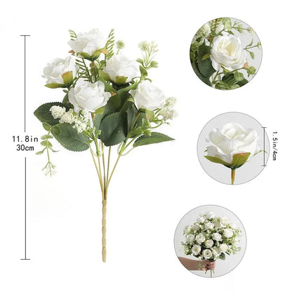 Ramo de Rosas Peonías Blancas Artificiales de 30cm – Flores Falsas de Seda con 5 Flores Grandes y 4 Capullos para Ramos de Novia, Decoración del Hogar y Arreglos Florales