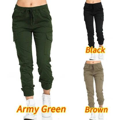 Women's Cargo Jogger Pants – Solid Color Multi-Pocket Drawstring Trousers with Elastic Waist, Casual Sportswear & Streetwear Long Pants