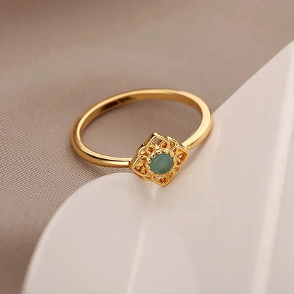 Gold Stainless Steel Lotus Flower Opal Ring – Vintage Oval Stone Statement Ring for Women | Elegant Fashion Jewelry Gift